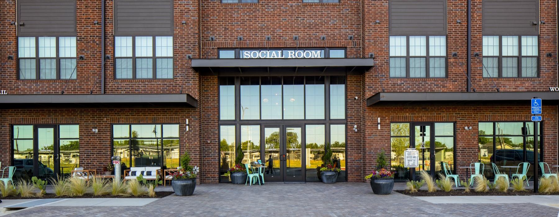 a building with windows and a sign